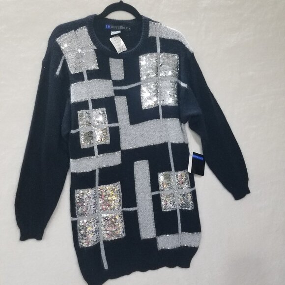IB Diffusion Womens M Black Silvers Silk Sweater Sequins Beaded Front NWT Vntg‎ - Picture 8 of 14
